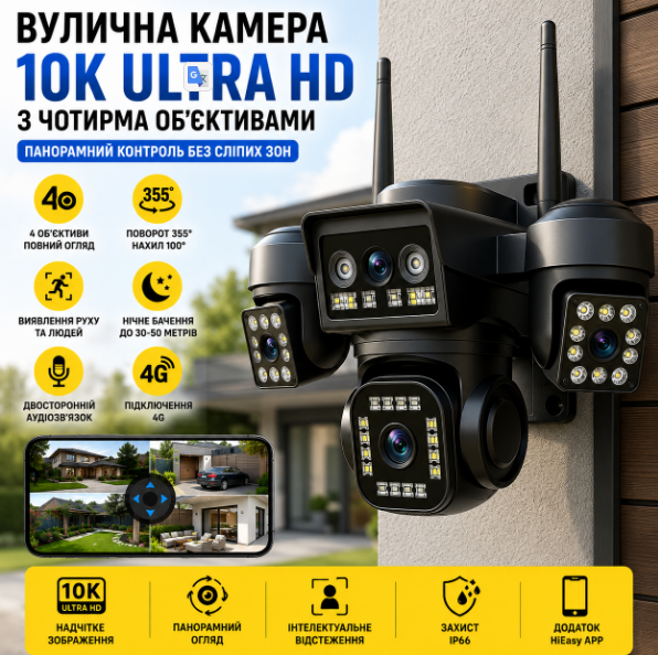 Вулична панорамна 4G-камера відеонагляду з 4 об'єктивами та двостороннім аудіозв'язком G0605 фото